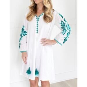 Bindu Beachy Boho Embroidered Tunic Mini Dress White Aqua Teal Small